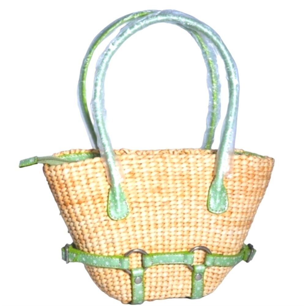 Gabaangs NWT Small Green Faux Leather Accented Woven Straw Summer Tote 12"X7"X4"